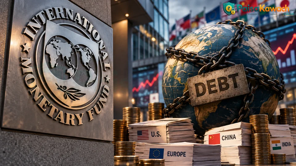 IMF meeting signage and global debt warning concept